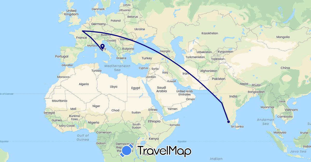 TravelMap itinerary: driving in Switzerland, France, India, Italy (Asia, Europe)